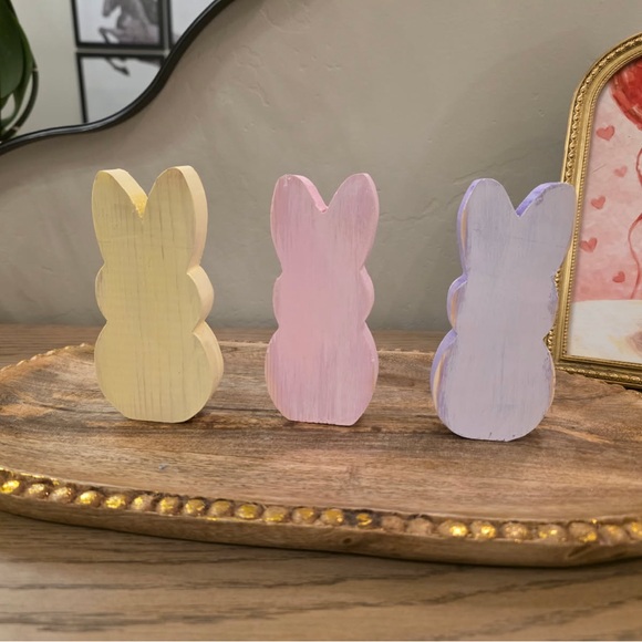 Other - Pastel Wooden Bunny Trio - Yellow Pink Lavender